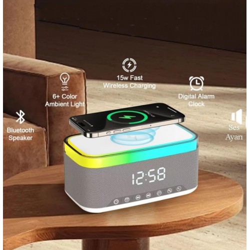 JEDEL SA-148 Bluetooth Hoparlör Kablosuz Şarj Özellikli Masa Saati, Gece Lambası, Çalar Saat