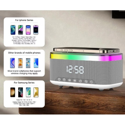 JEDEL SA-148 Bluetooth Hoparlör Kablosuz Şarj Özellikli Masa Saati, Gece Lambası, Çalar Saat