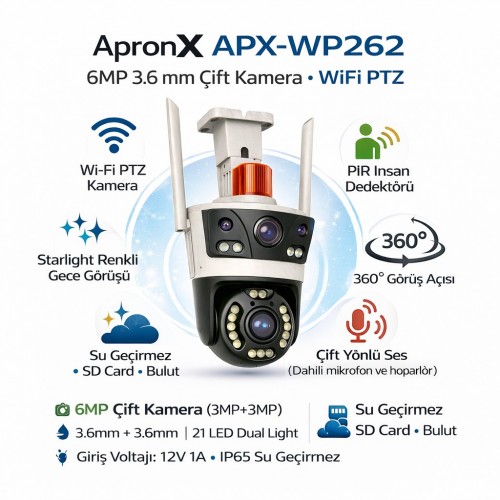 APRONX APX-WP262 6MP ÇİFT KAMERA 21 LED. WİFİ PTZ GRİ RENK