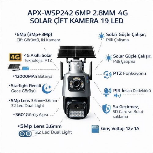 Apronx apx-wsp242 6Mp 2.8mm 4G Solar Çift Kamera 19 Led PTZ