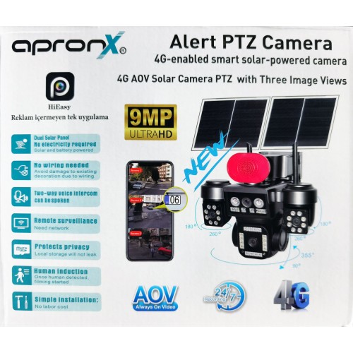 Apronx apx-wsp798 9Mp AOV 4G Solar Üç Kamera 2 Solar Panel 40 Led PTZ