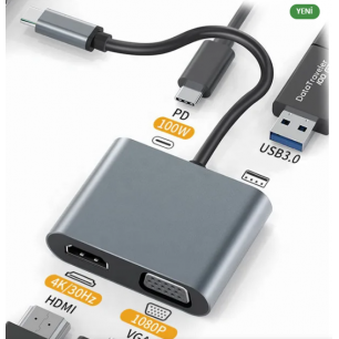 PL-5565 4İn1 Çoklu Dönüştürücü Type-C Girişli 4k Hdmi Vga Usb Type-C Çıkışları Çevirici