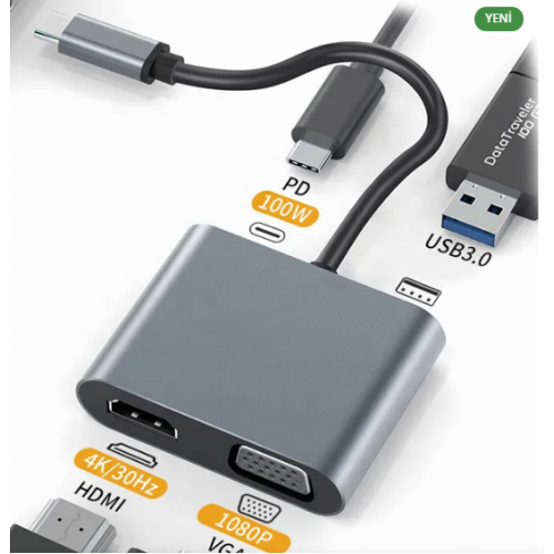 PL-5565 4İn1 Çoklu Dönüştürücü Type-C Girişli 4k Hdmi Vga Usb Type-C Çıkışları Çevirici