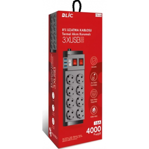 Blic Ftr-08 Isıya Karşı Dayanıklı, 8 x Priz - 3 x USB - 2 Metre Kablo Uzunluğu Termal Akım Korumalı 8'li Grup Priz
