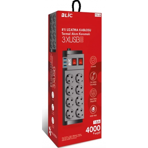 Blic Ftr-08 Isıya Karşı Dayanıklı, 8 x Priz - 3 x USB - 2 Metre Kablo Uzunluğu Termal Akım Korumalı 8'li Grup Priz
