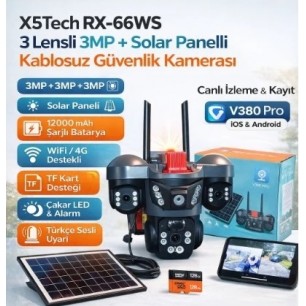 X5TECH RX-66WS 3 Lensli 3mp + Solar Panelli Kablosuz Güvenlik Kamerası | /wifi, 12000 Mah Batarya, Gece Görüşü, V380