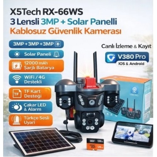 X5TECH RX-66WS 3 Lensli 3mp + Solar Panelli Kablosuz Güvenlik Kamerası | /wifi, 12000 Mah Batarya, Gece Görüşü, V380
