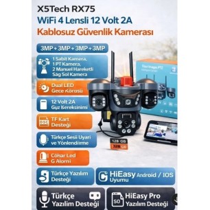 X5TECH RX75 Wifi 4 Lensli 12 Volt 2A Kablosuz Güvenlik Kamerası 3mp+3mp+3mp+3mp 4 Kamera