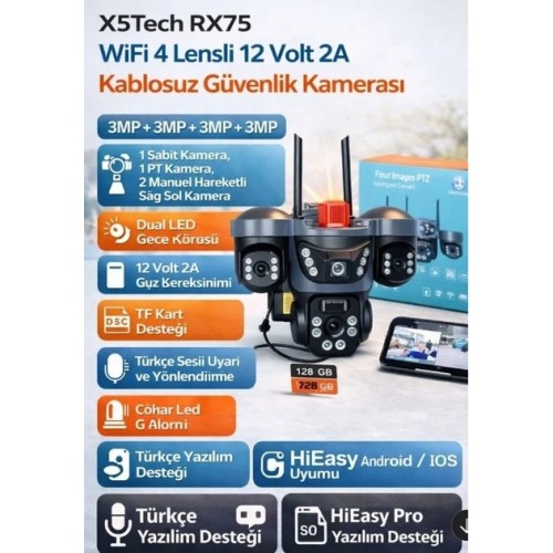 X5TECH RX75 Wifi 4 Lensli 12 Volt 2A Kablosuz Güvenlik Kamerası 3mp+3mp+3mp+3mp 4 Kamera