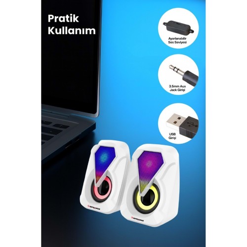 SR-PN785 3W*2 USB 2.0 + 3.5mm 5V Hoparlör Beyaz