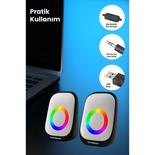 SR-PN786 3W*2 USB 2.0 + 3.5mm 5V Hoparlör Beyaz