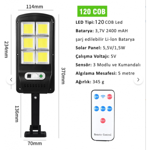 TAWİTEC TW-8037  6 Gözlü 120 Ledli Solar Bahçe Aydınlatma Kumandalı Güneş Enerjili Sokak Lambası Projektör