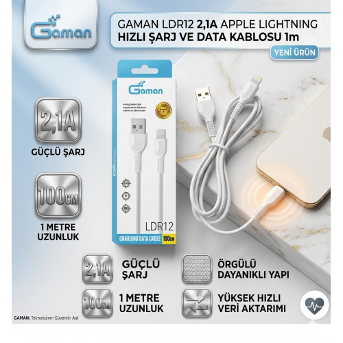 LDR12 2,1A Apple Lightning Hızlı Şarj Ve Data Kablosu 1m