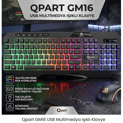 Qpart GM16 USB Multimedya Işıklı Klavye