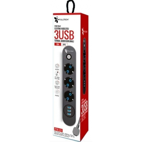 Ftr-01 Termal Akım Korumalı Priz 3x USB Akıllı 2M KABLO