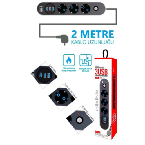 Ftr-01 Termal Akım Korumalı Priz 3x USB Akıllı 2M KABLO