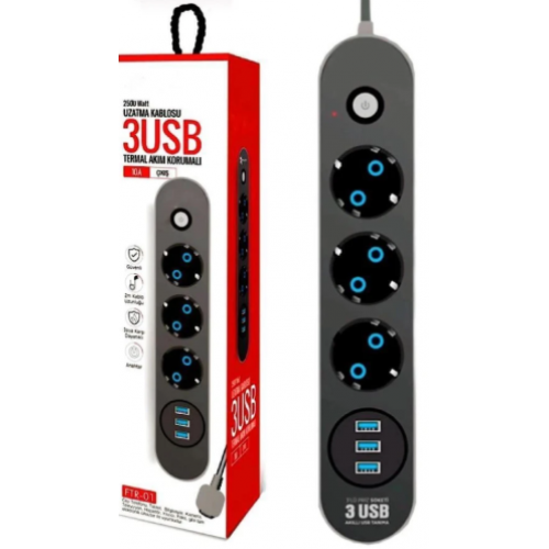 Ftr-01 Termal Akım Korumalı Priz 3x USB Akıllı 2M KABLO