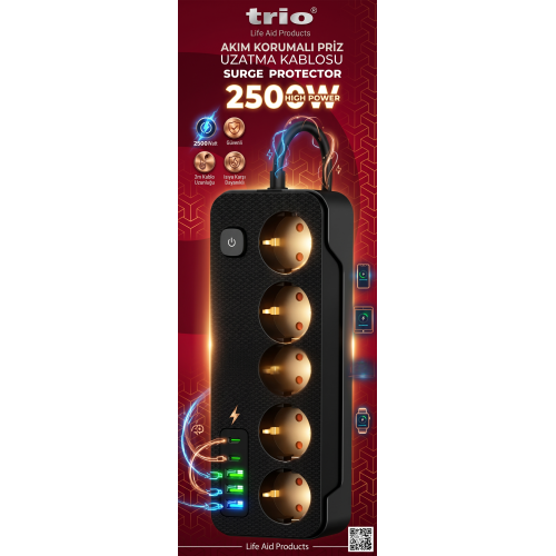 TR3441 5 Lİ 3 USB+2TYP-C Lİ 2M KABLOLU