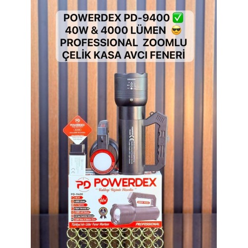 Powerdex PD-9400 Profesyonel El Feneri | 40W – 4000 Lümen – 12.800 Mah – Zoom + Arkada LED – Metal Gövde