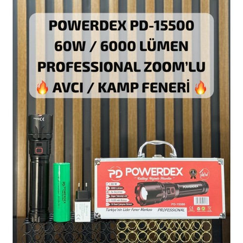 Powerdex PD-15500 60W / 6000 Lümen Profesyonel Zoomlu Güçlü Uzun Menzilli Avcı /kamp Feneri ÇANTALI