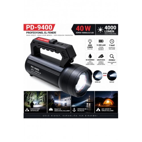 Powerdex PD-9400 Profesyonel El Feneri | 40W – 4000 Lümen – 12.800 Mah – Zoom + Arkada LED – Metal Gövde