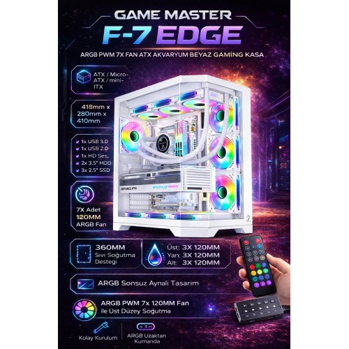 Game Master F-7 EDGE 7X Argb Pwm Fan Beyaz ATX Akvaryum Gaming Kasa Oyuncu Kasası