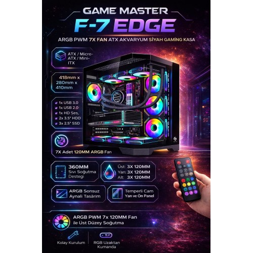 Game Master F-7 EDGE 7X Argb Pwm Fan Siyah ATX Akvaryum Gaming Kasa Oyuncu Kasası